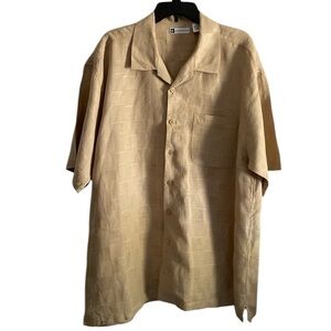 Bachrach Tan 100% Linen Checkered Button Down Casual Short Sleeve Shirt Size XL